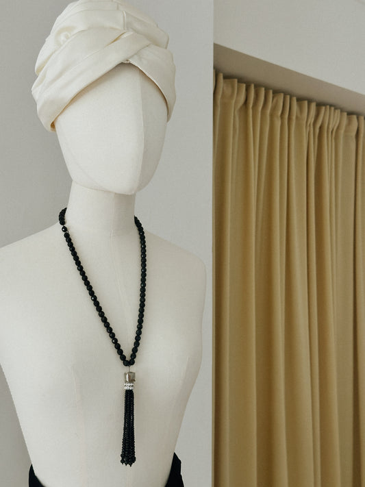 Black Glass Bead Tassel Necklace