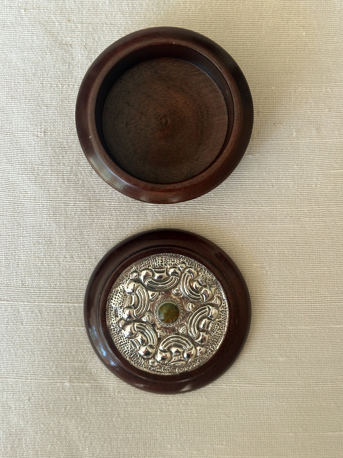 Mahagony, Sterling, and Green Agate Stone Vanity Box