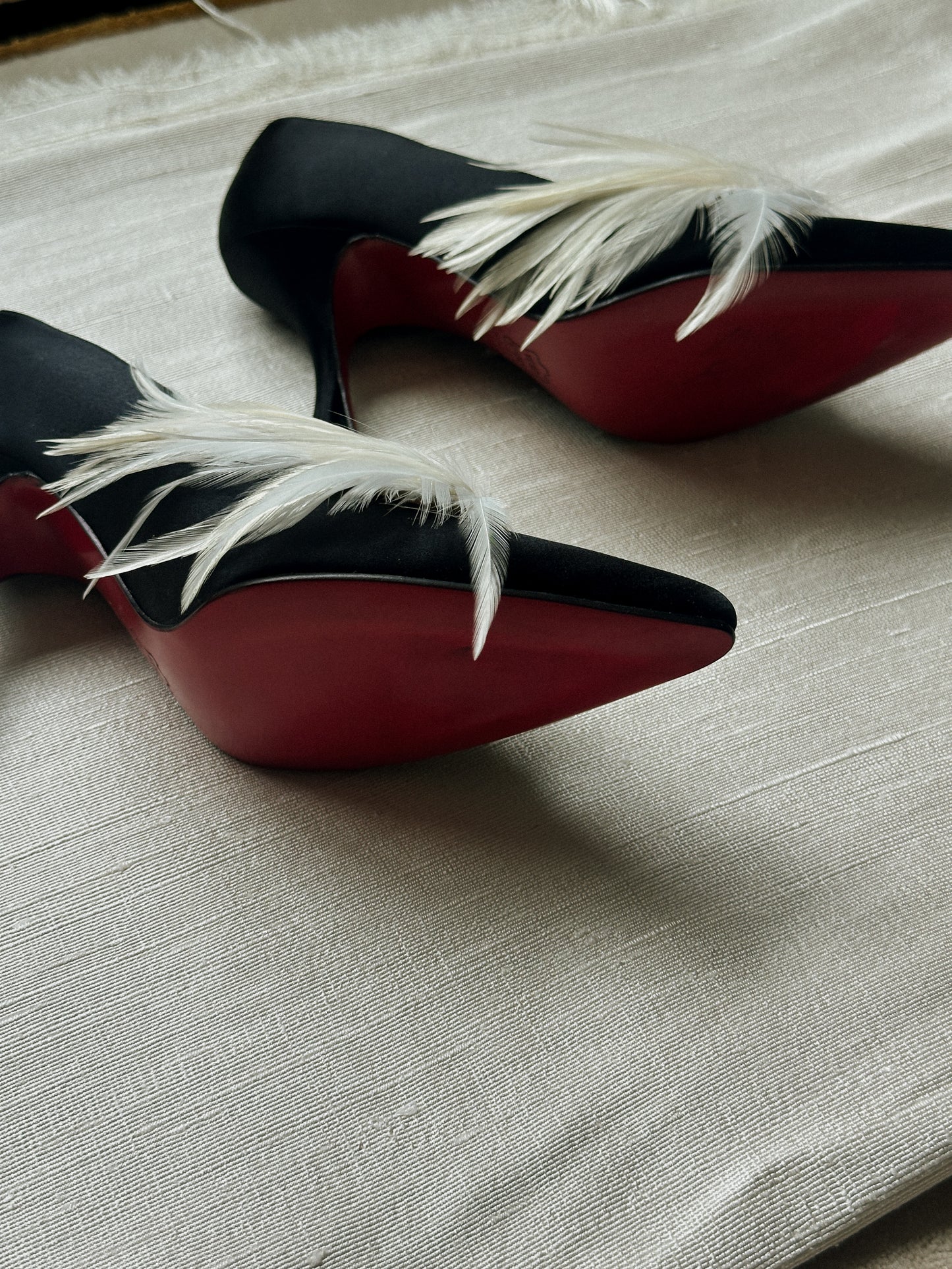 Christian Louboutin Black Satin Feather Pumps