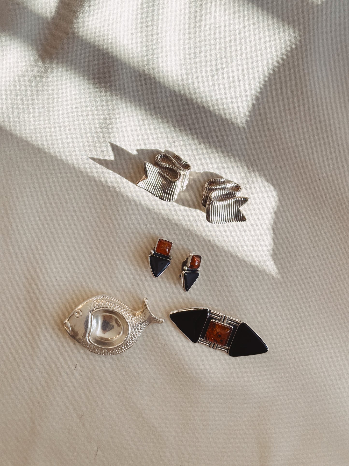 Sterling, Amber, and Onyx Earrings