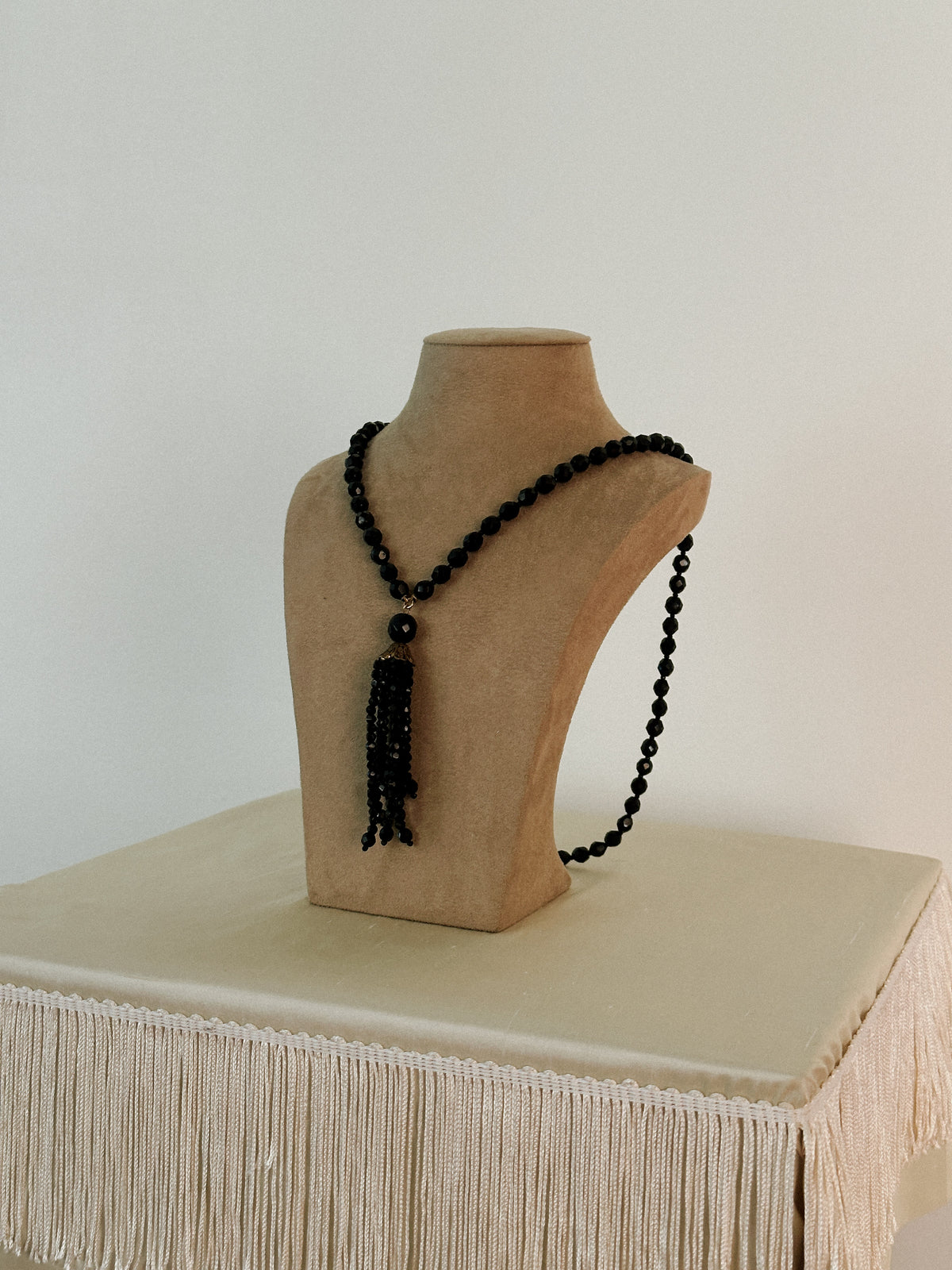Black Glass Bead Tassel Necklace