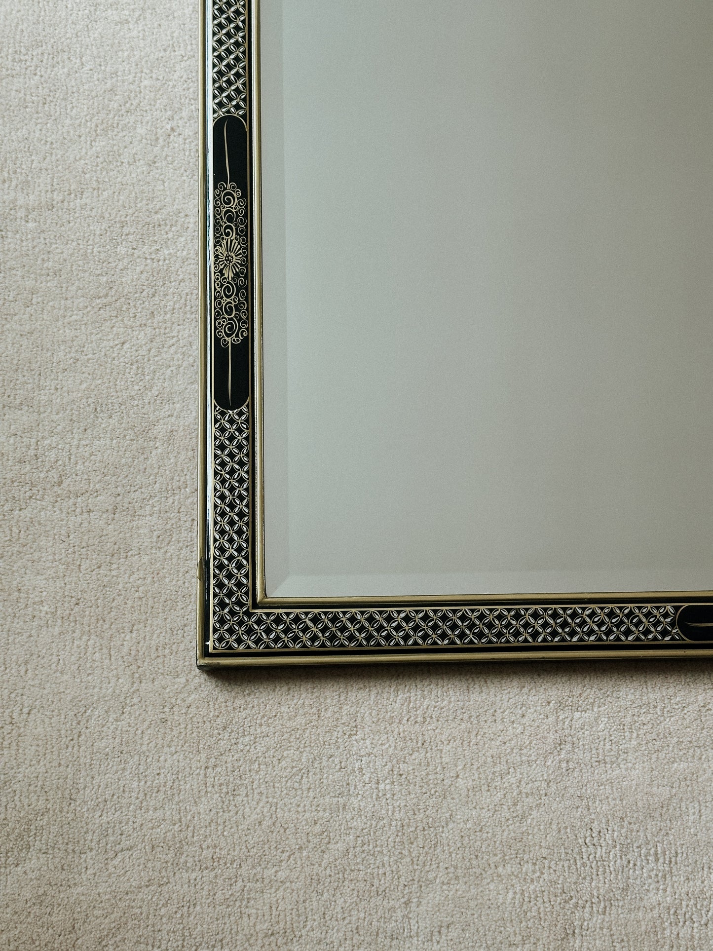 Chinoiserie Black Lacquer Mirror with Mother of Pearl Appliqué