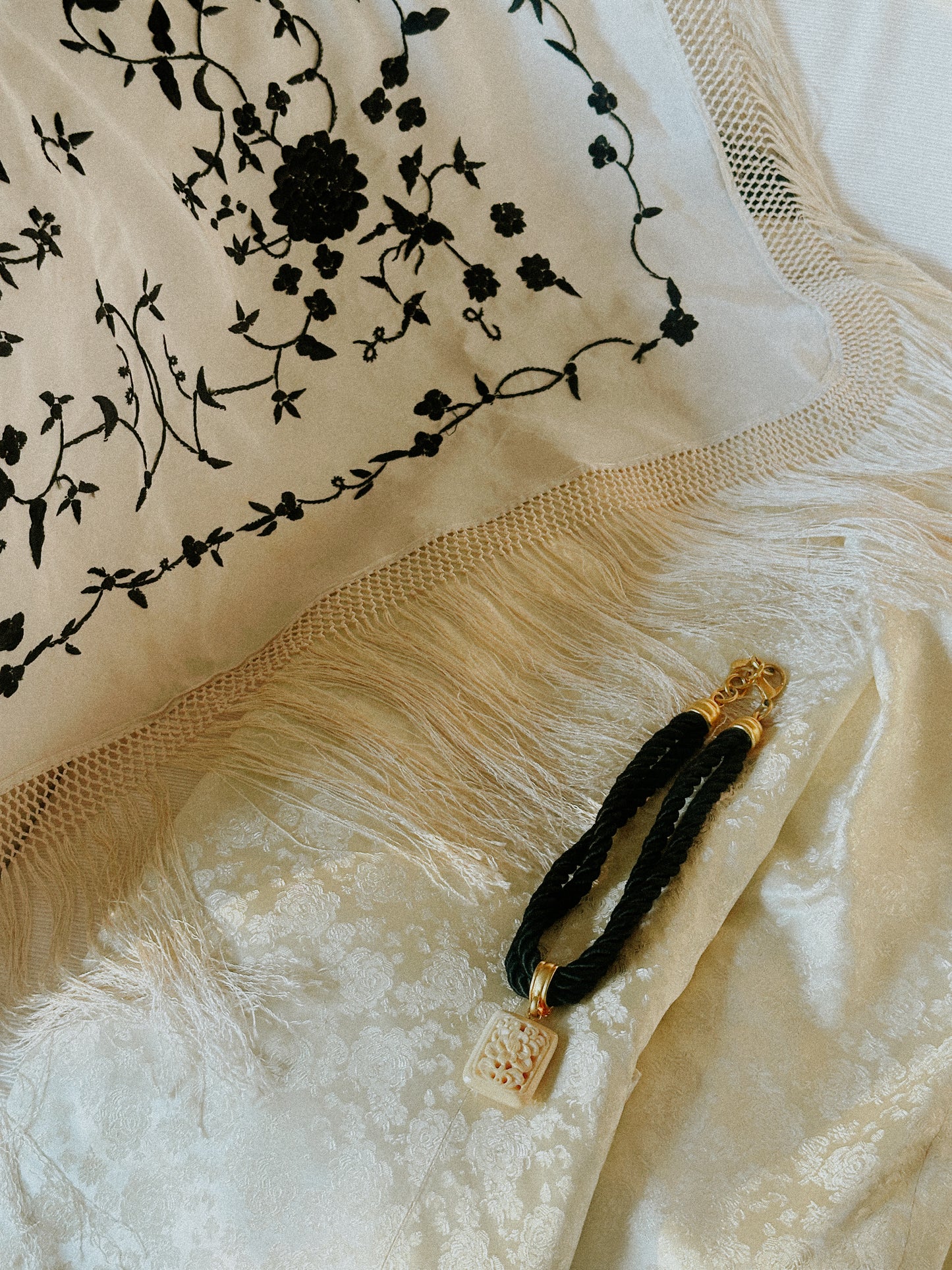 Embroidered Silk Satin Piano Shawl