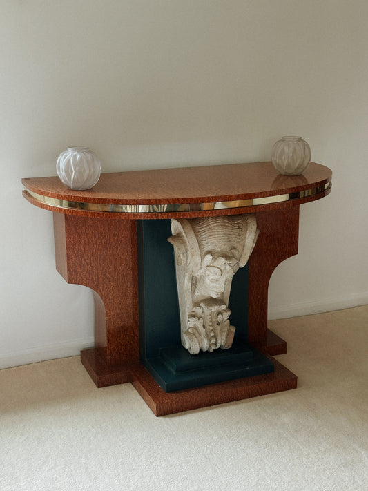 French Art Deco Burl Wood Console with Sculptural Mascaron