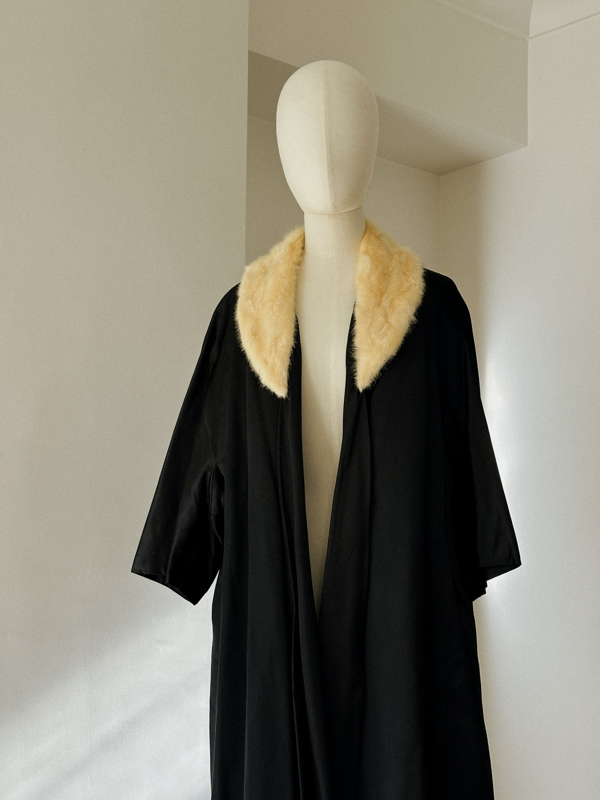 1950s Black Satin Coat with Blonde Fur Collar