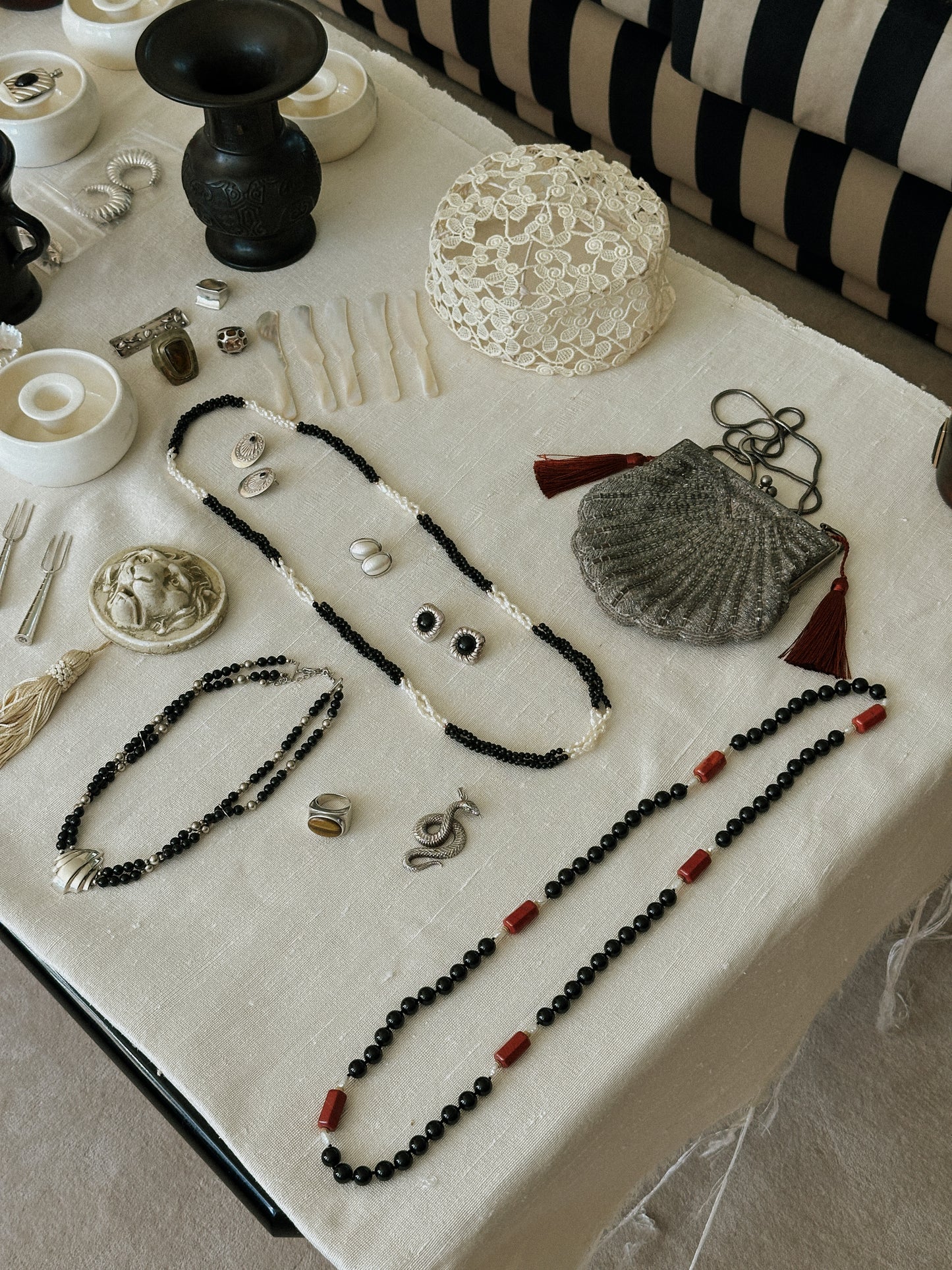 Black Bead and Pearl Multi Strand Necklace