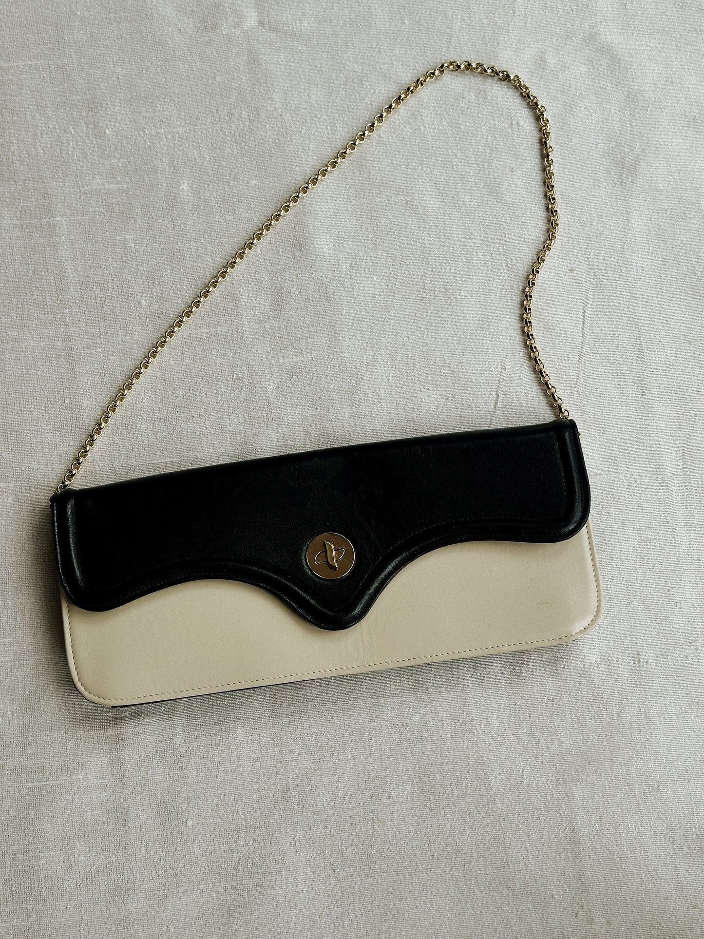 Italian Ivory & Black Leather Clutch with Chain Strap