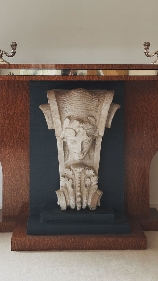 French Art Deco Burl Wood Console with Sculptural Mascaron