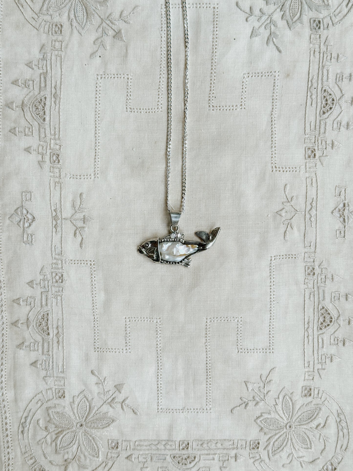 Sterling/Mother of Pearl Fish Pendant Necklace 
