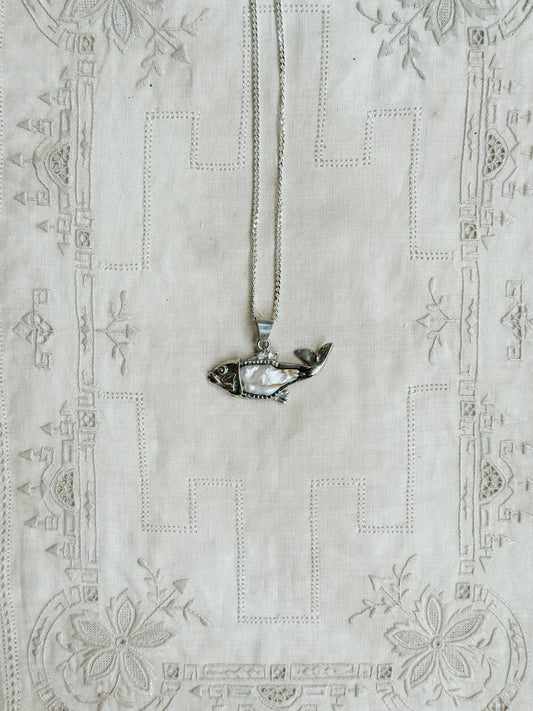Sterling/Mother of Pearl Fish Pendant Necklace 