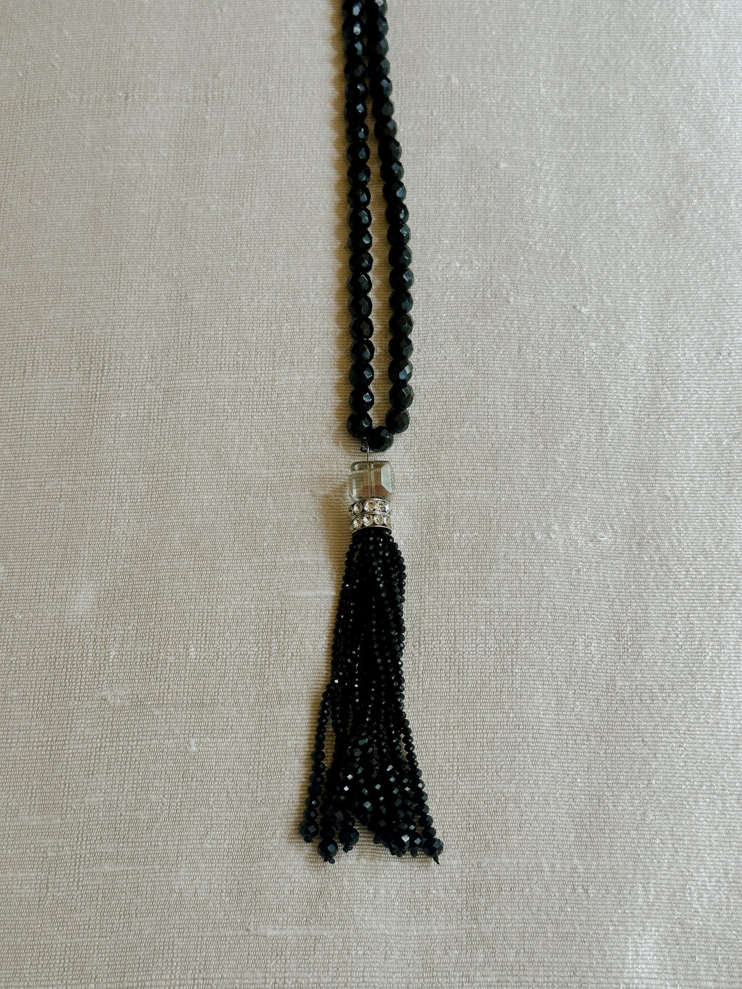 Black Glass Bead Tassel Necklace