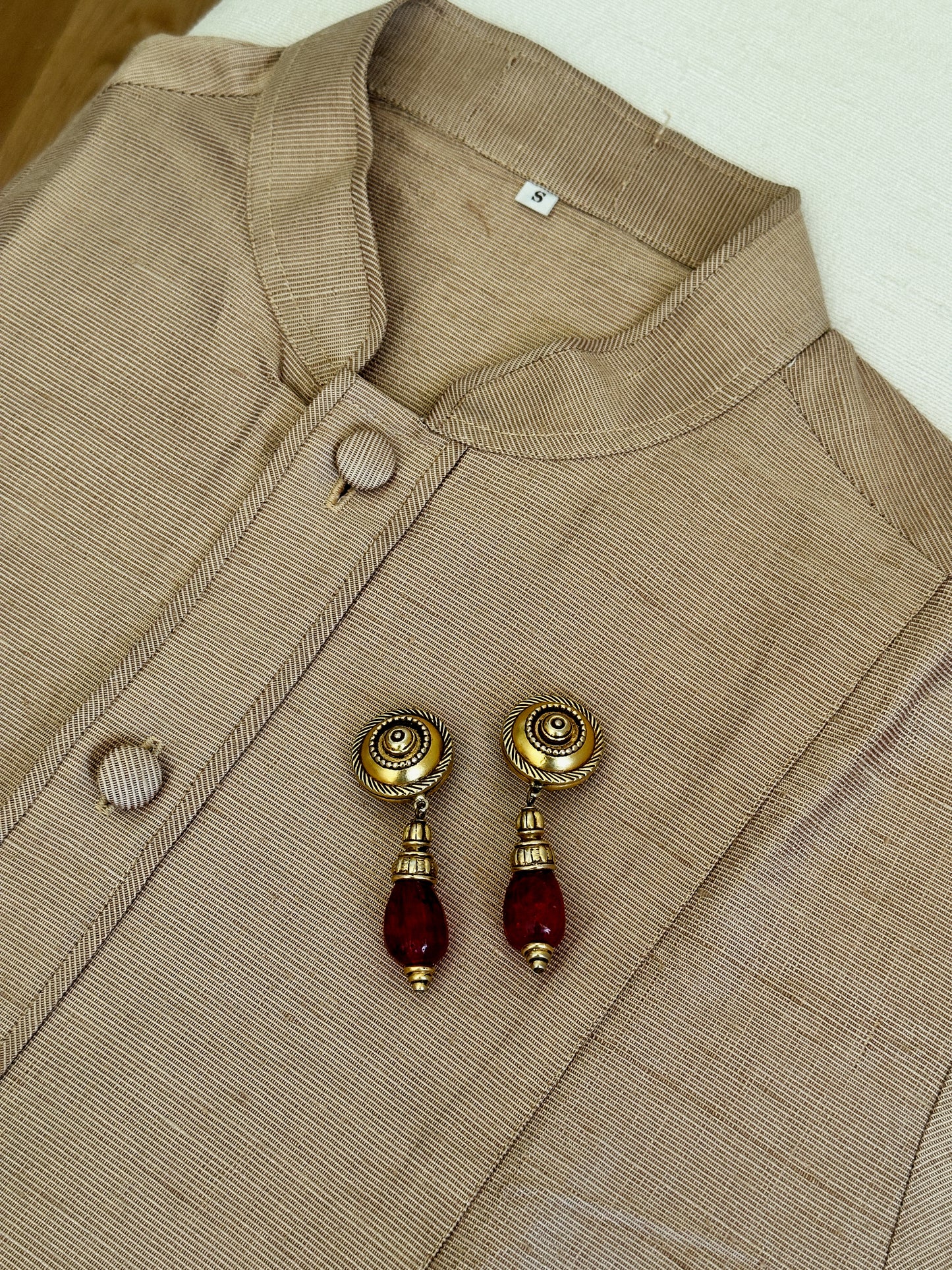 Egyptian Revival Clip-On Earrings with Gold Tone & Ruby Red Glass Drops