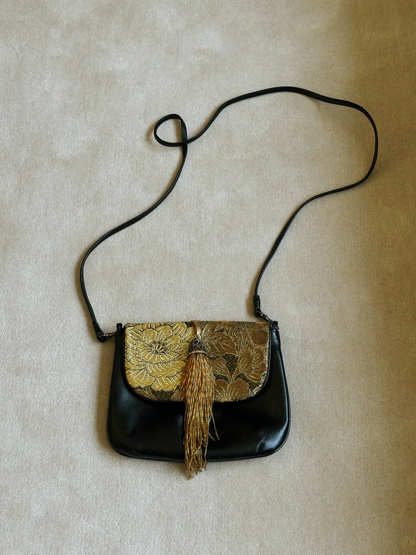 Black Leather Bag with Gold Brocade Detailing