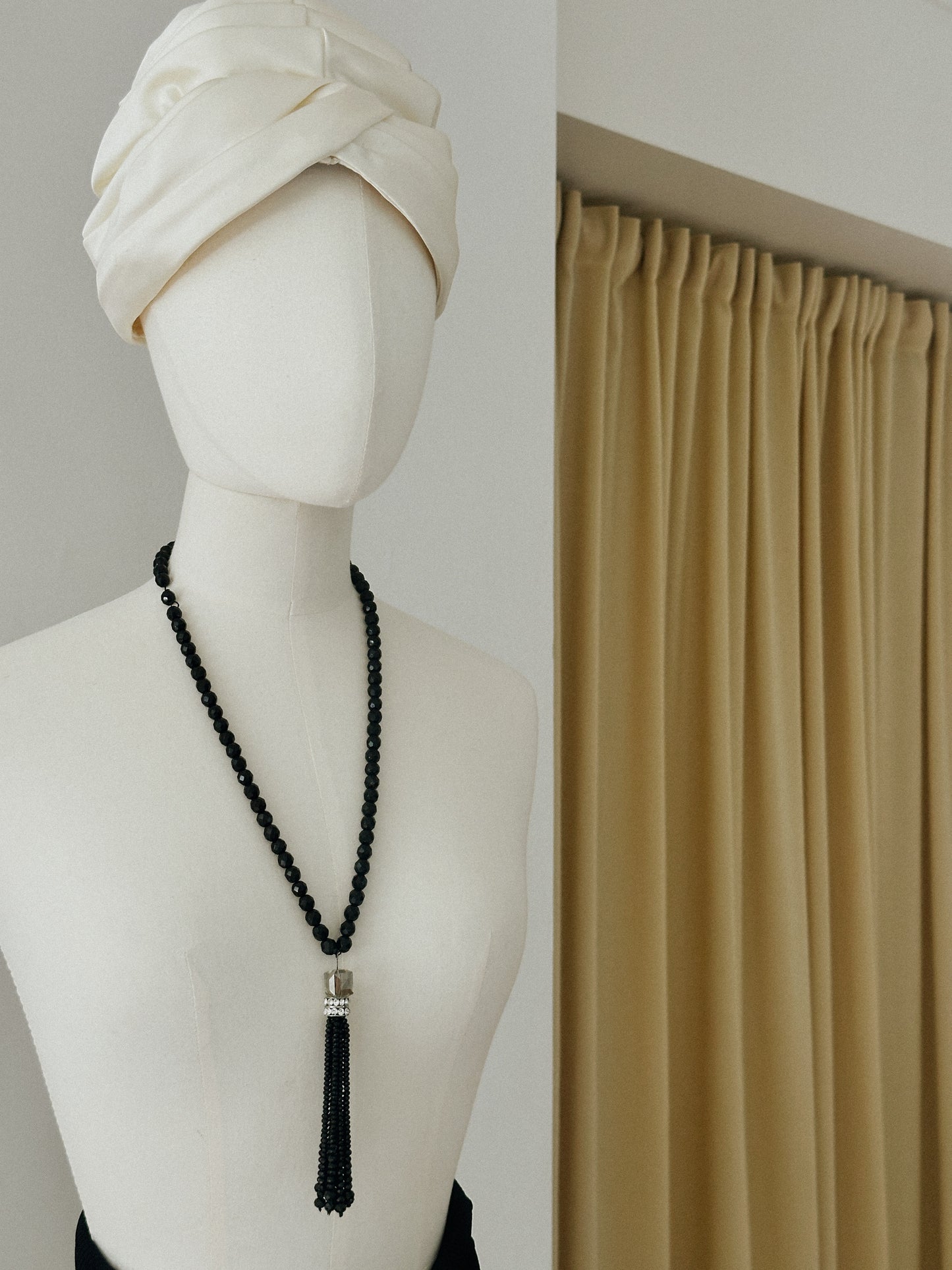 Black Glass Bead Tassel Necklace