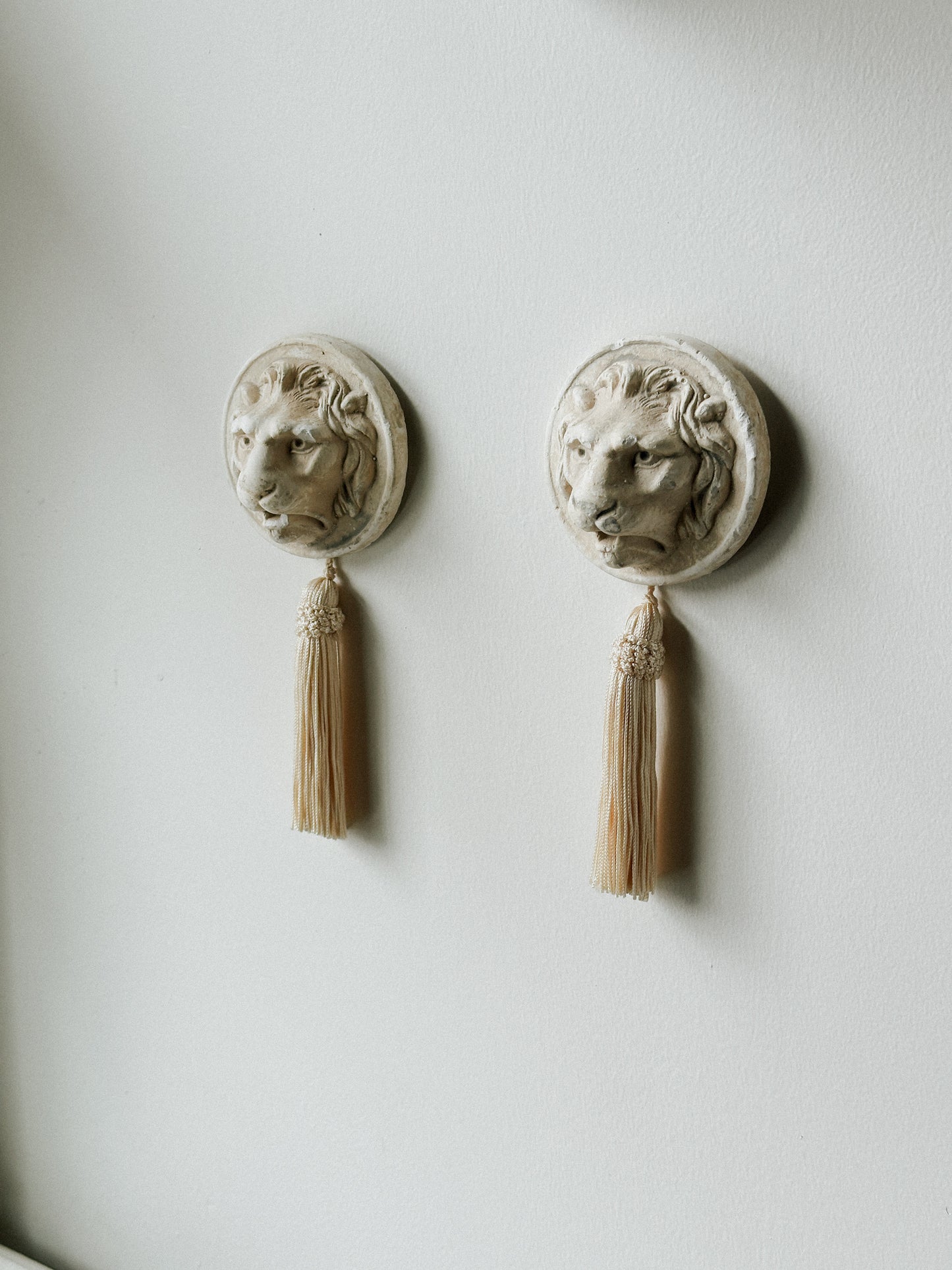 Cast Plaster Lion Medallions, Pair 