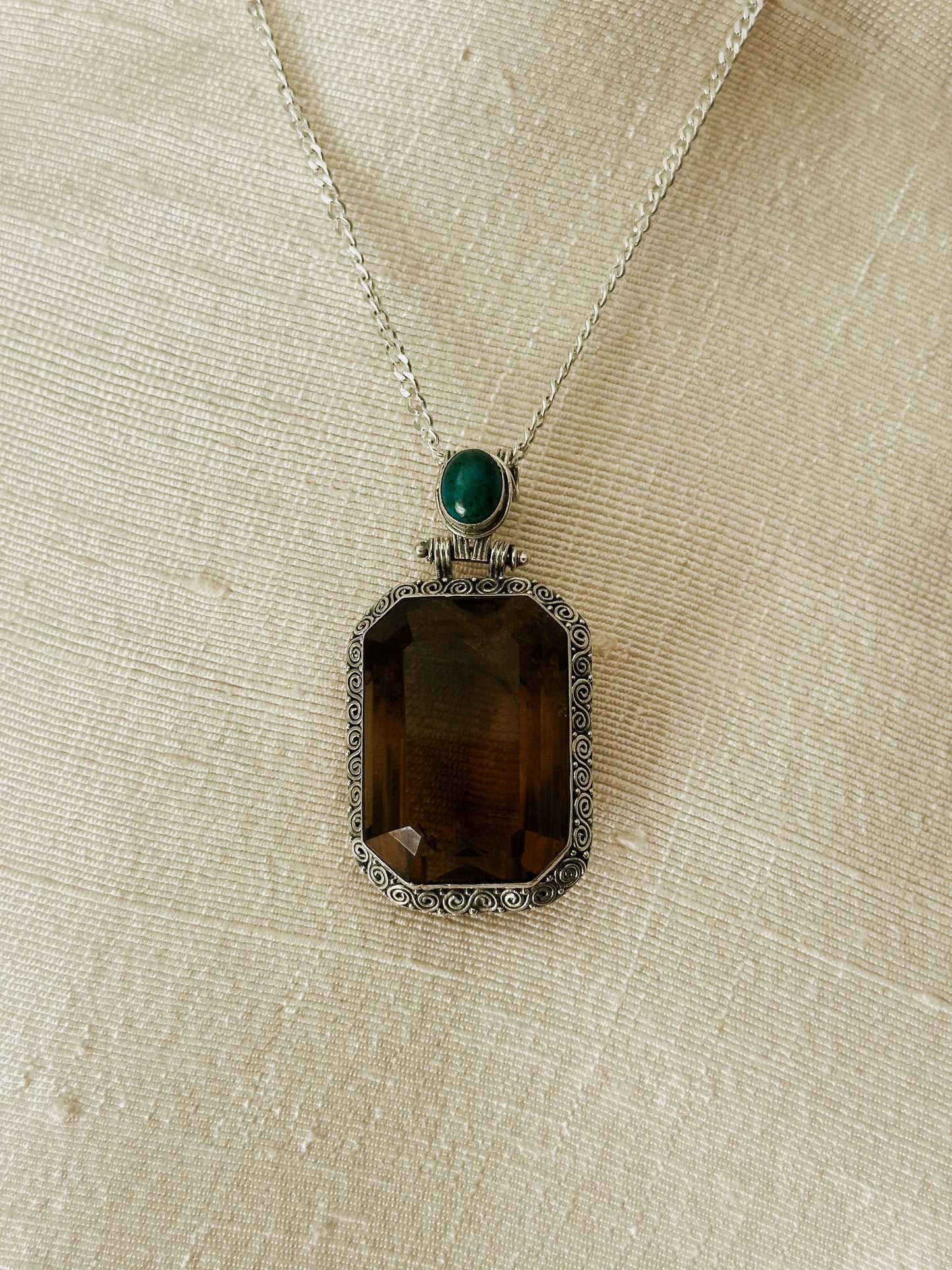 Sterling Silver, Quartz & Turquoise Spiral Pendant Necklace 