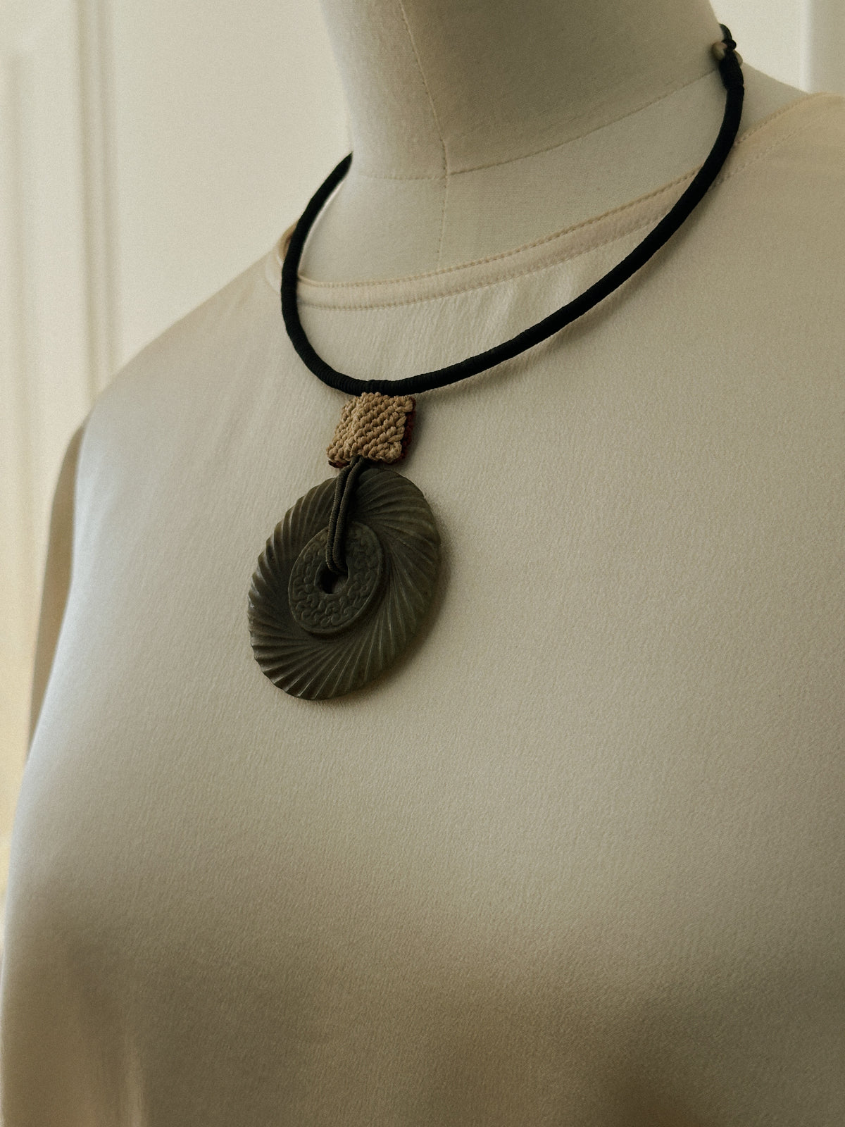 Japanese Carved Stone Pendant Necklace