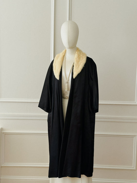 1950s Black Satin Coat with Blonde Fur Collar