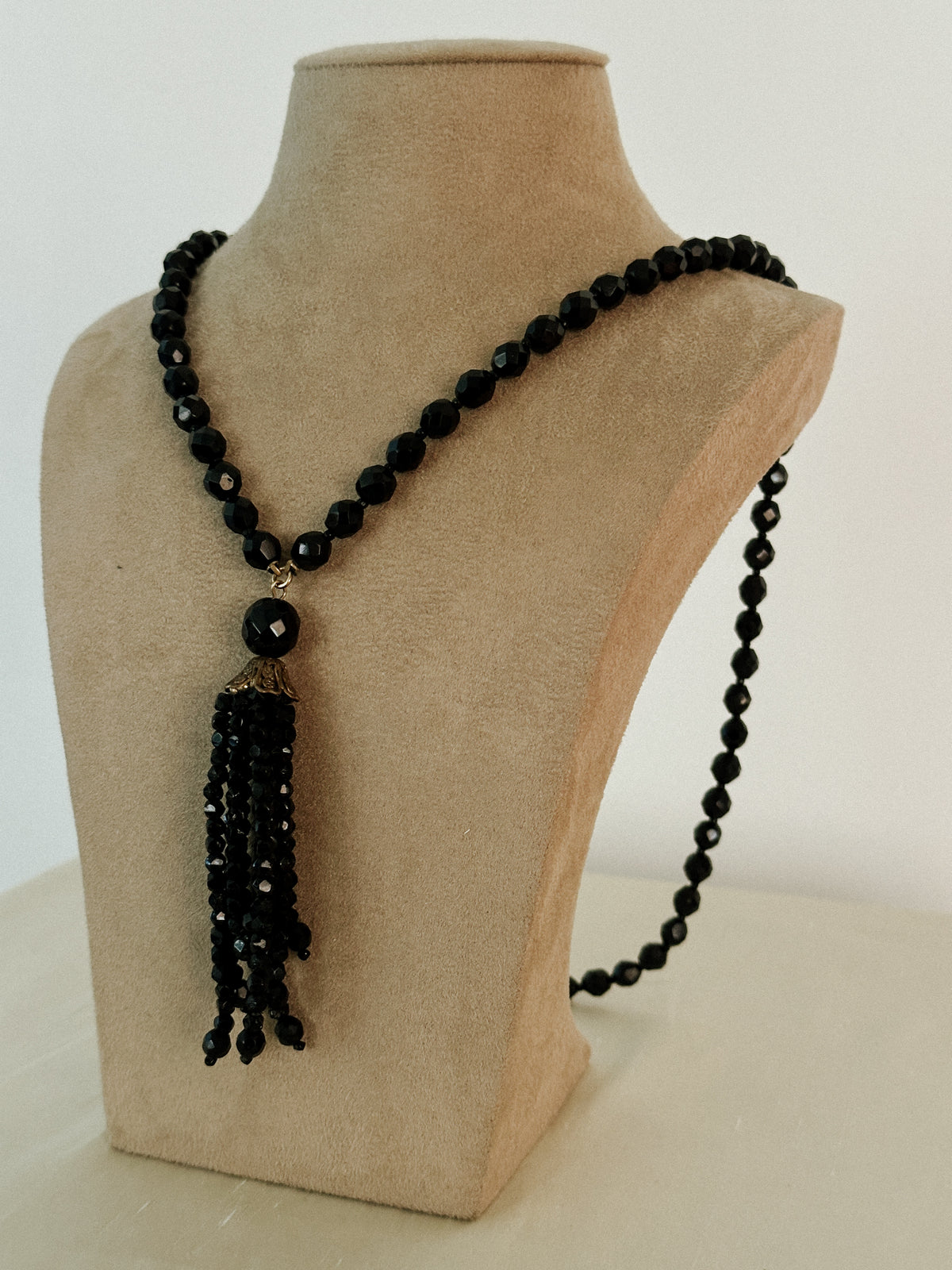 Black Glass Bead Tassel Necklace 