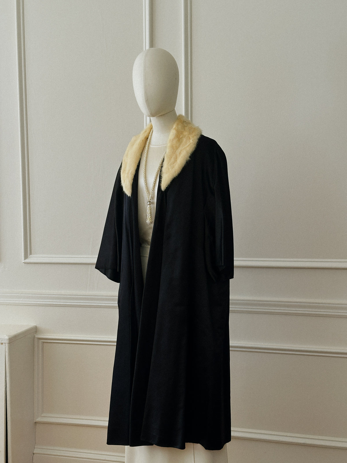 1950s Black Satin Coat with Blonde Fur Collar