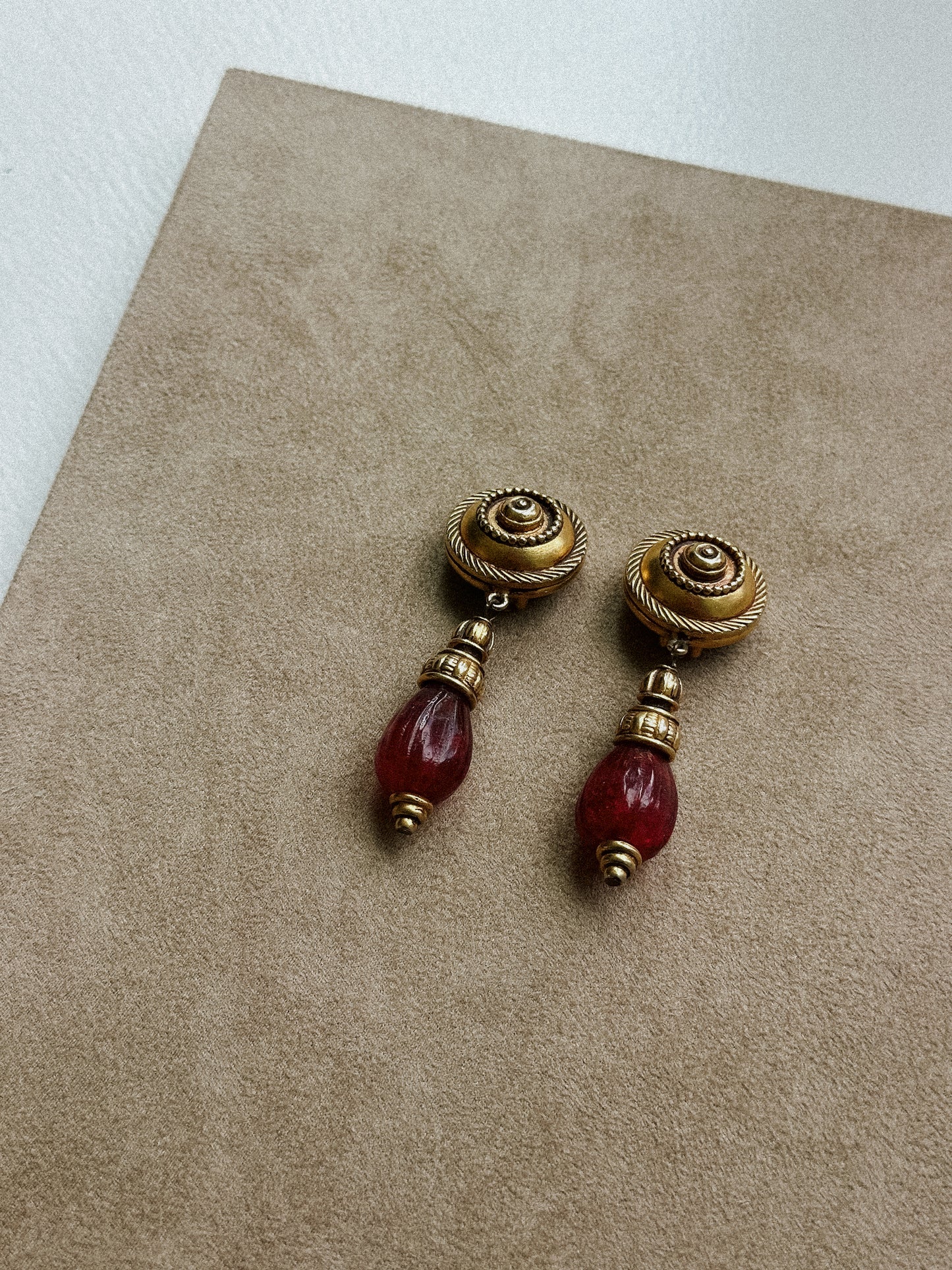 Egyptian Revival Clip-On Earrings with Gold Tone & Ruby Red Glass Drops