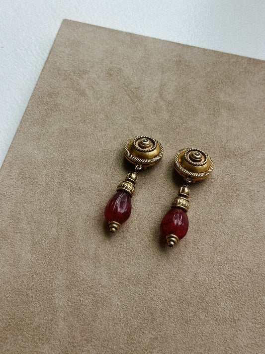 Egyptian Revival Clip-On Earrings with Gold Tone & Ruby Red Glass Drops