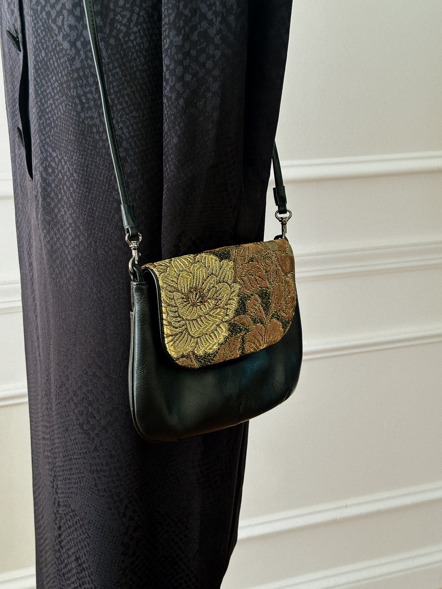 Black Leather Bag with Gold Brocade Detailing