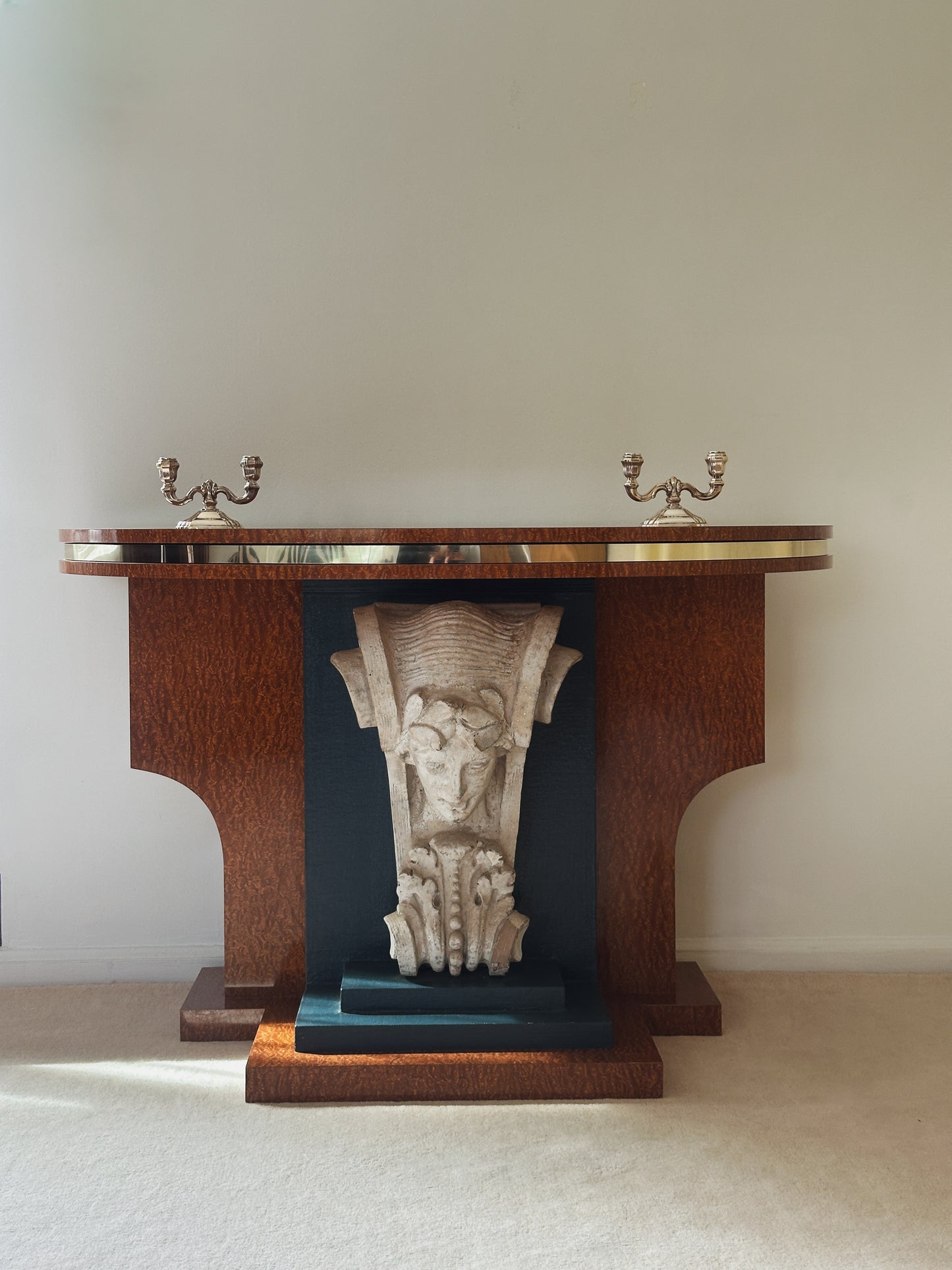 French Art Deco Burl Wood Console with Sculptural Mascaron