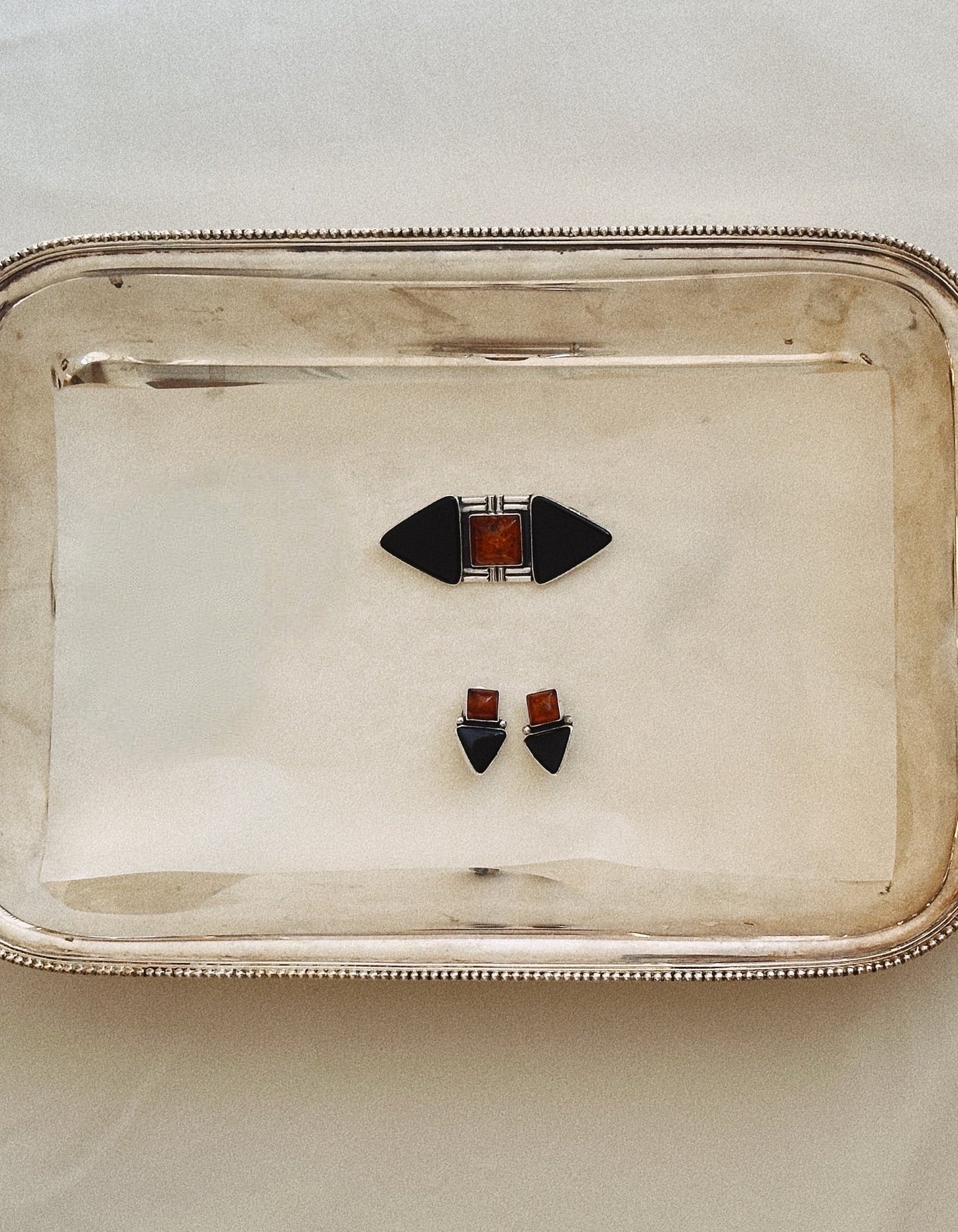 Sterling, Amber, and Onyx Earrings