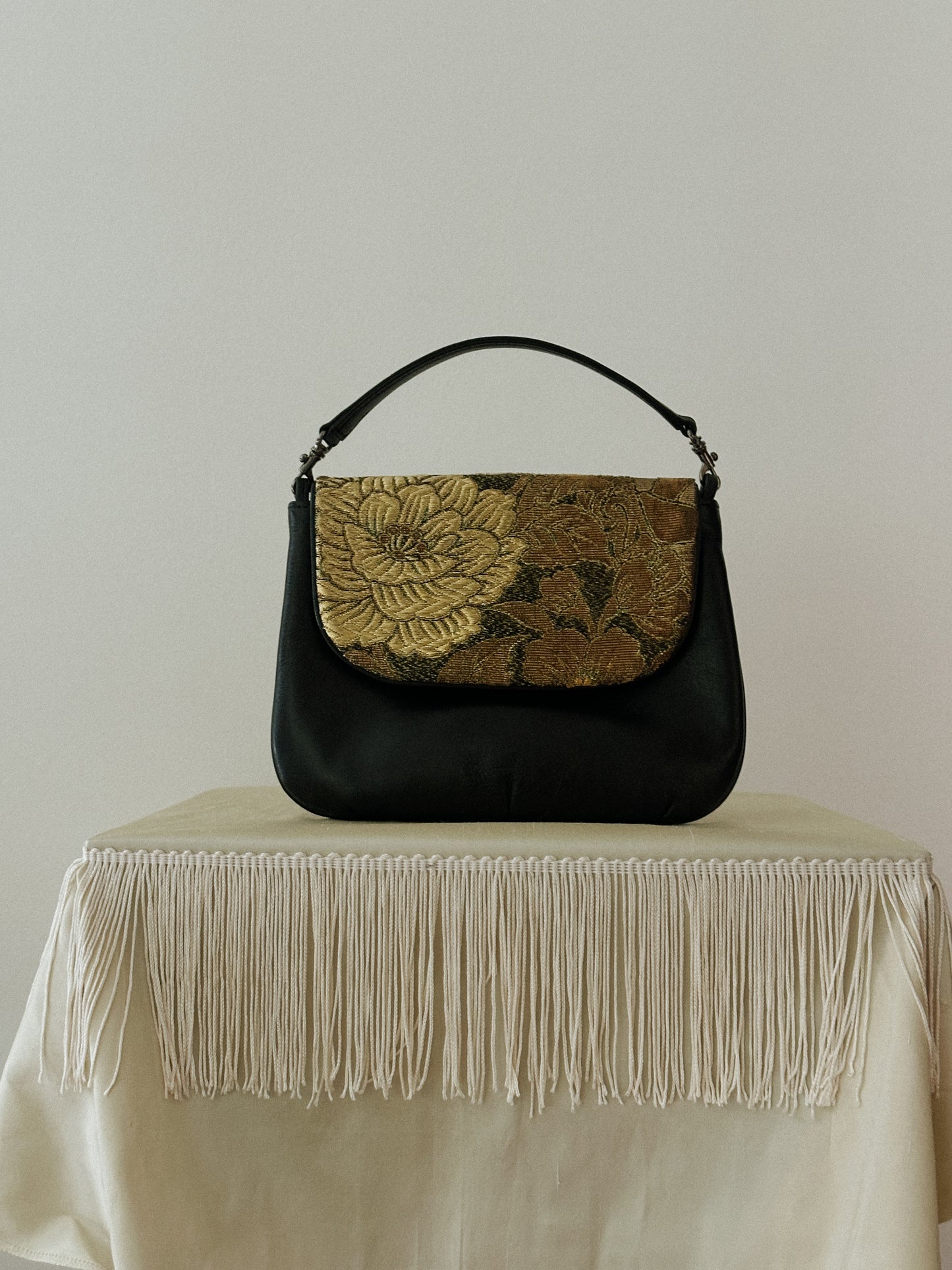 Black Leather Bag with Gold Brocade Detailing