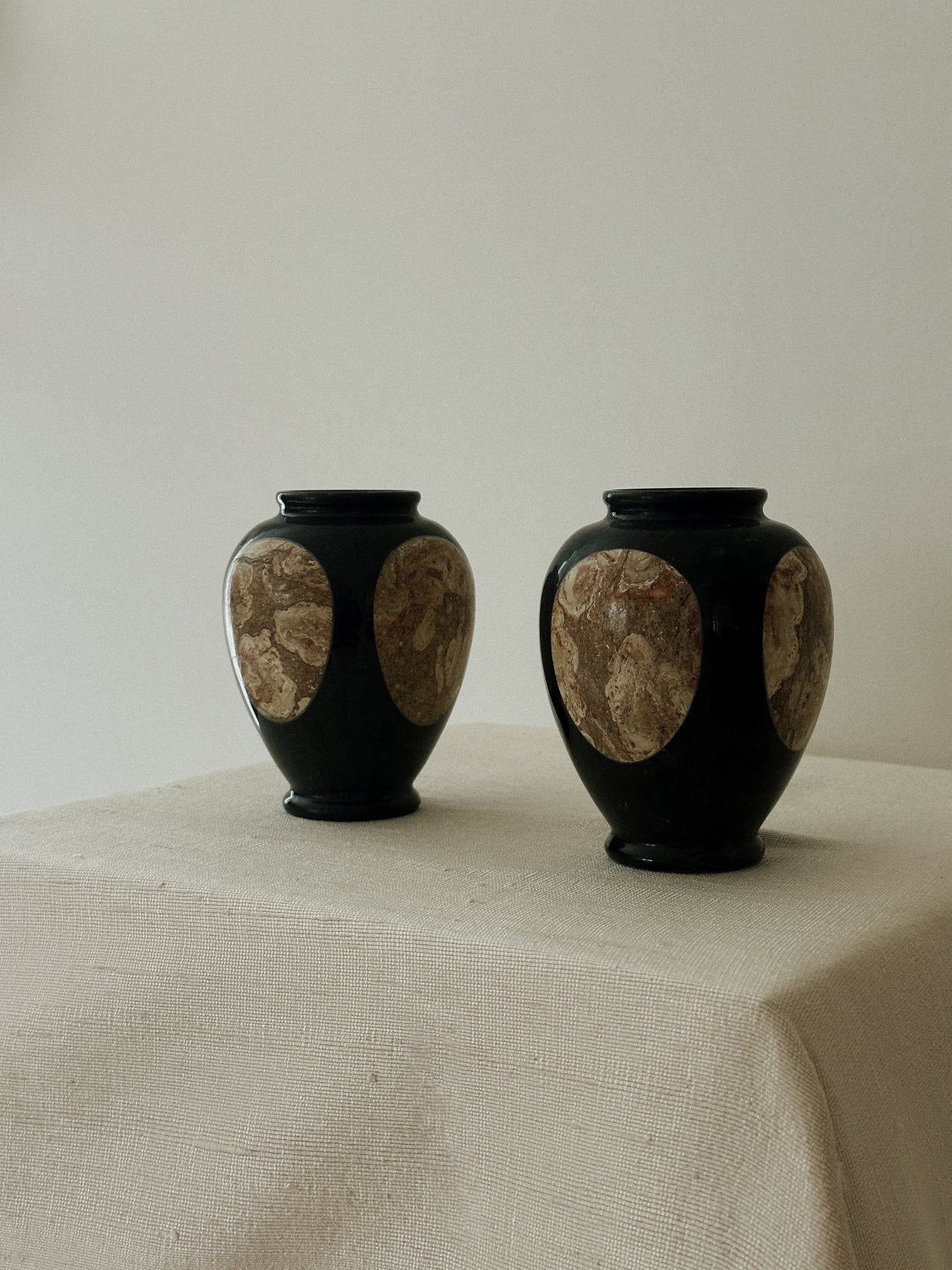 Pair of Black Marble & Stone Inlay Vases