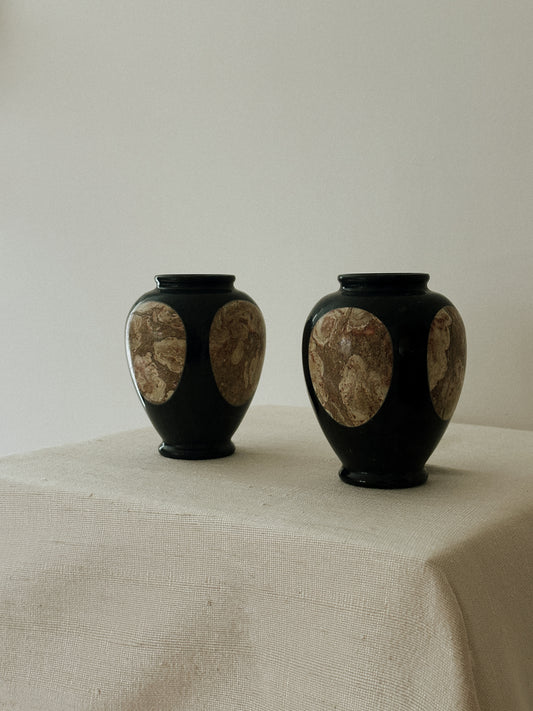 Pair of Black Marble & Stone Inlay Vases