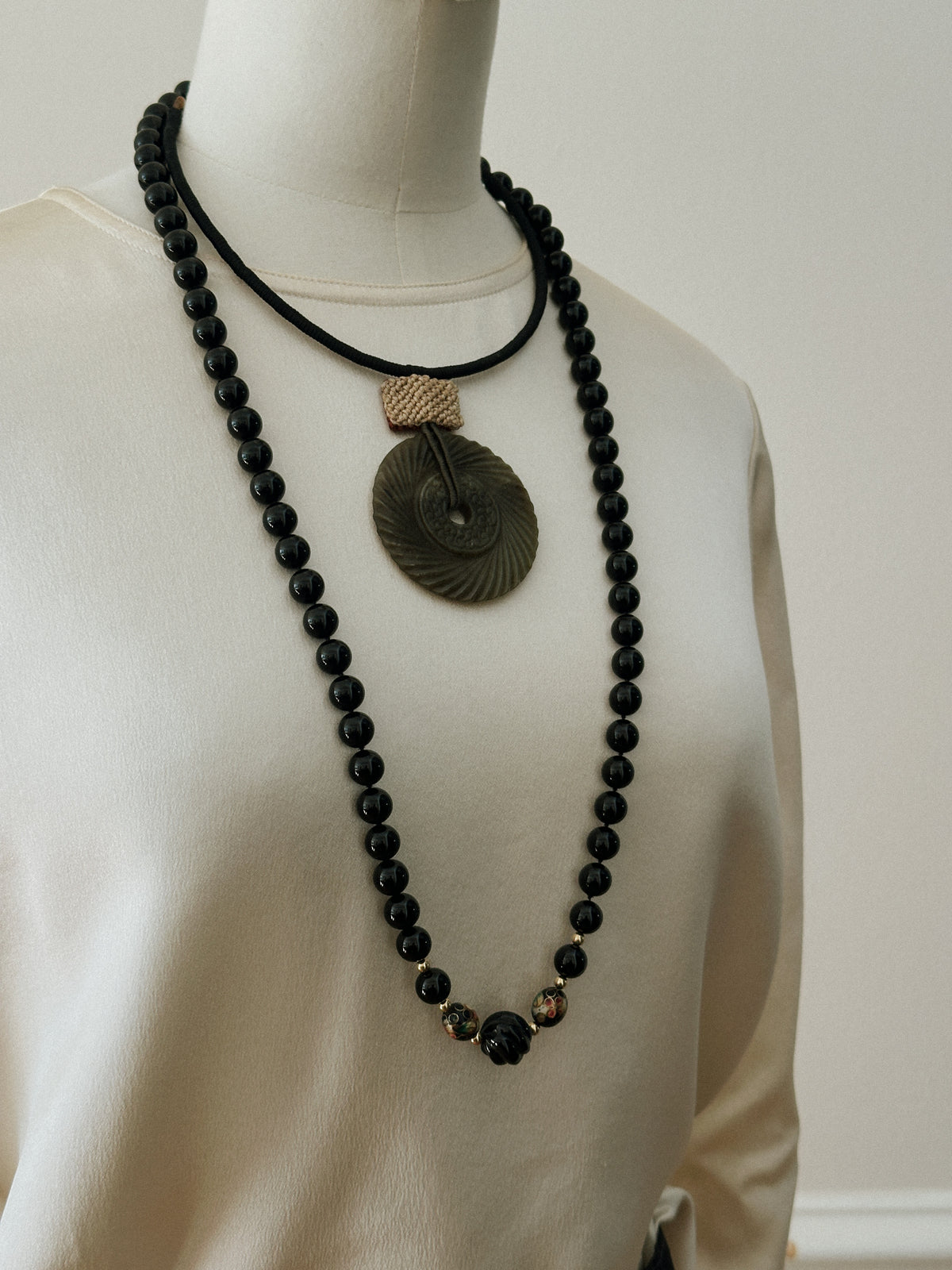 Japanese Carved Stone Pendant Necklace