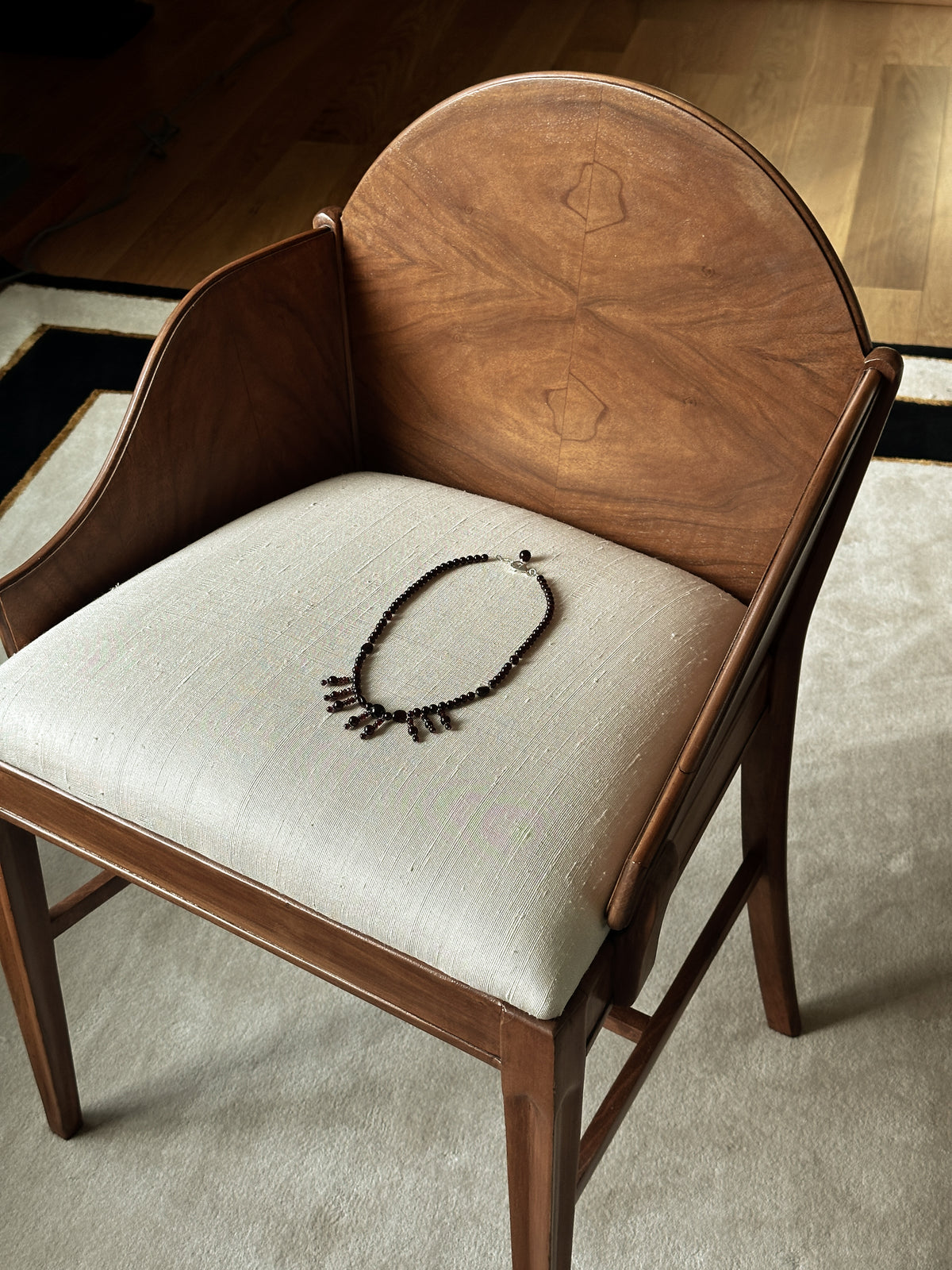 Wood & Woven Silk Upholstered Armchair 