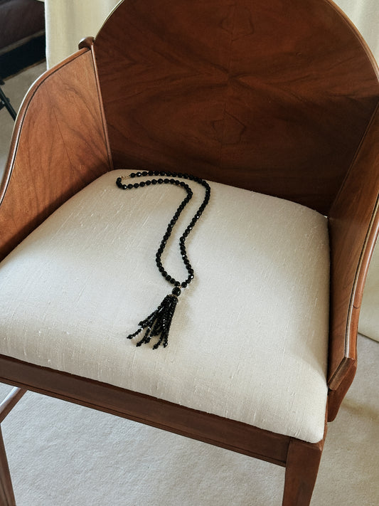 Black Glass Bead Tassel Necklace 
