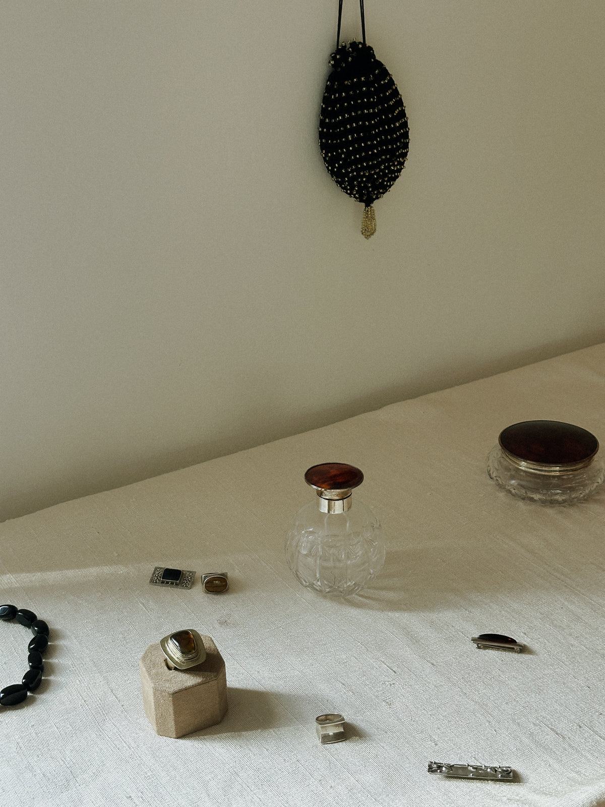 Vintage Black Crochet Beaded Drawstring Bag