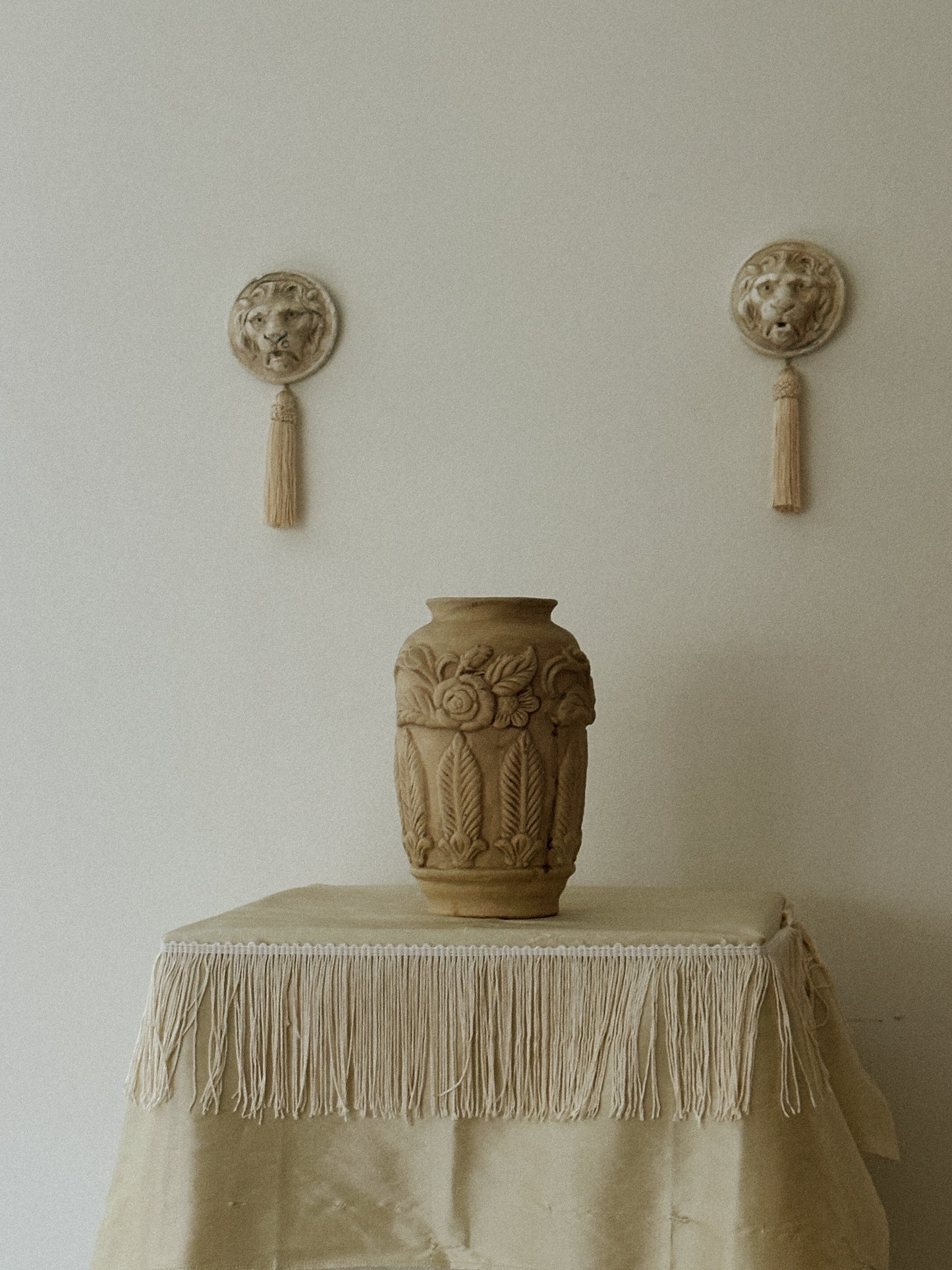 Cast Plaster Lion Medallions, Pair 