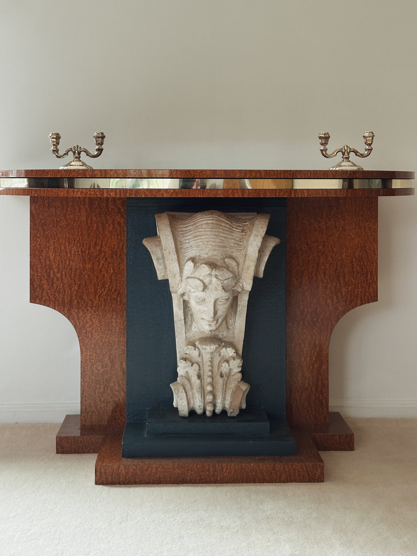 French Art Deco Burl Wood Console with Sculptural Mascaron