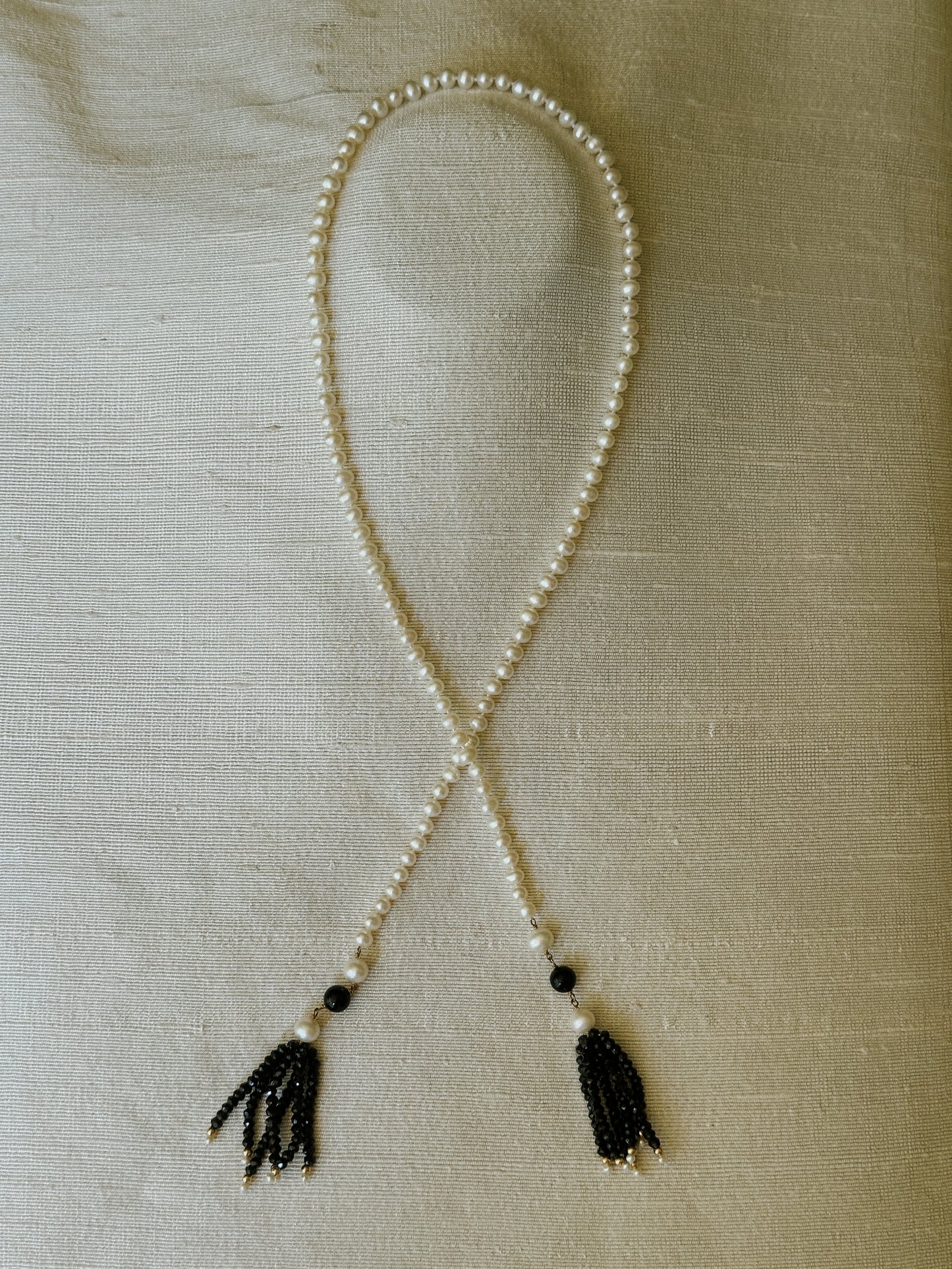 Pearl & Black Bead Tassel Necklace