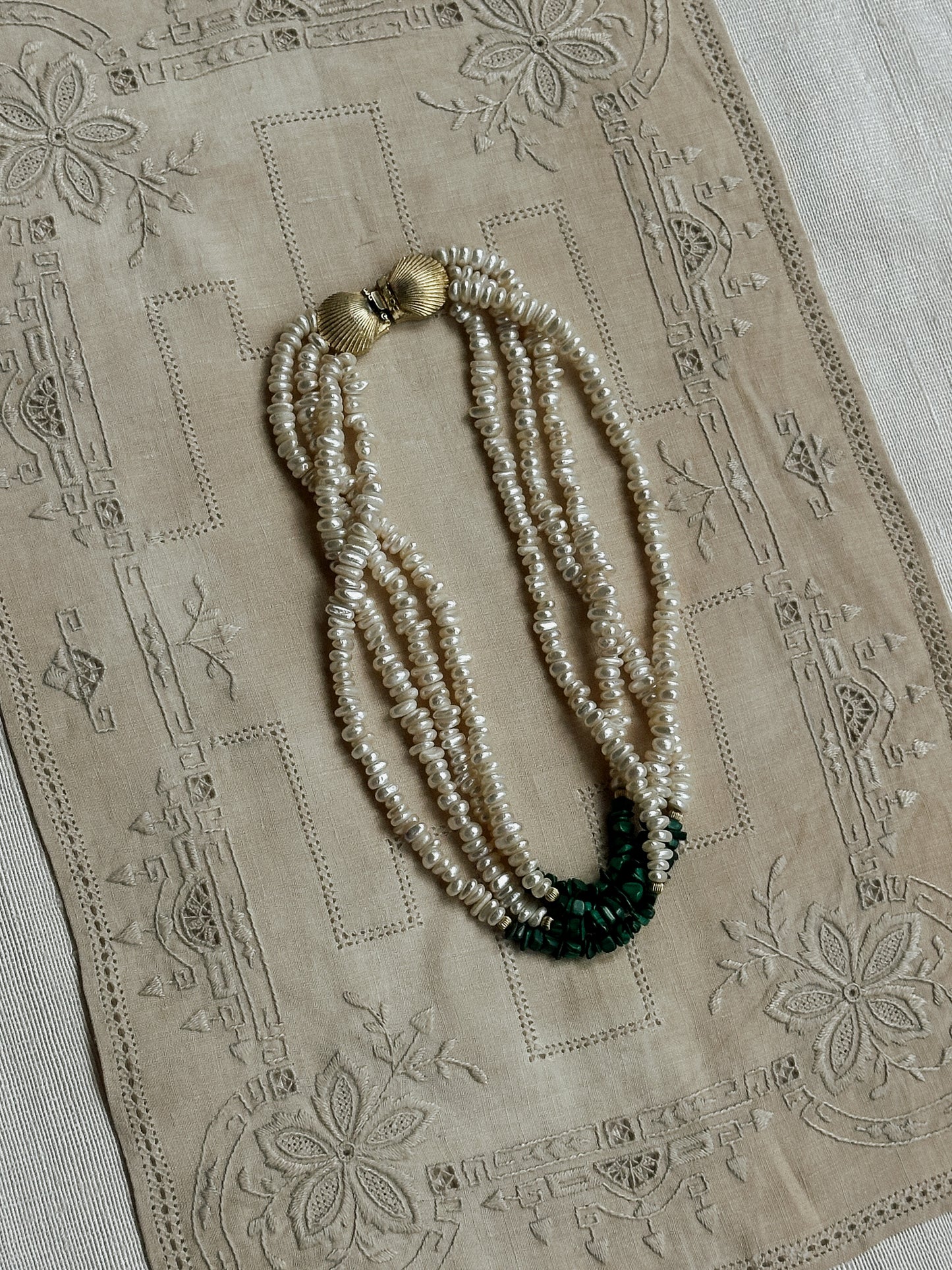 Four Strand Freshwater Pearl & Malachite Necklace