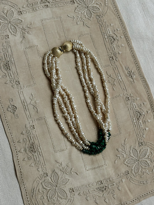 Four Strand Freshwater Pearl & Malachite Necklace