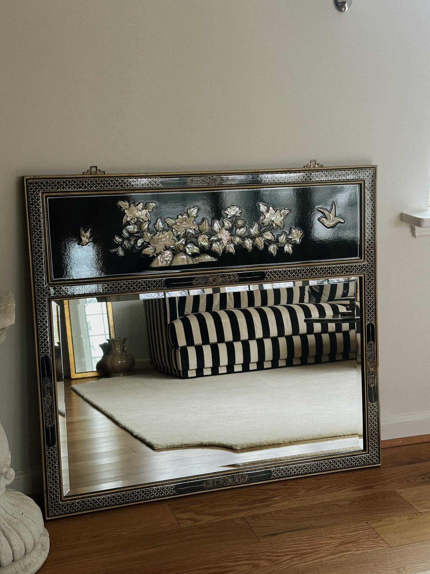 Chinoiserie Black Lacquer Mirror with Mother of Pearl Appliqué