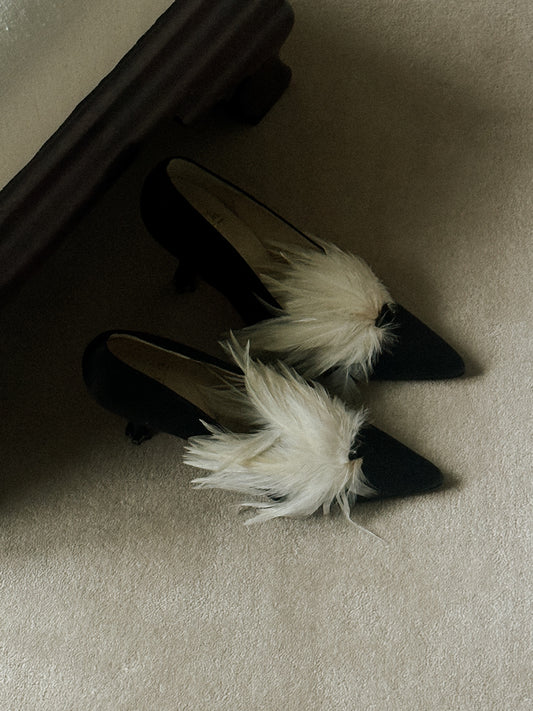 Christian Louboutin Black Satin Feather Pumps