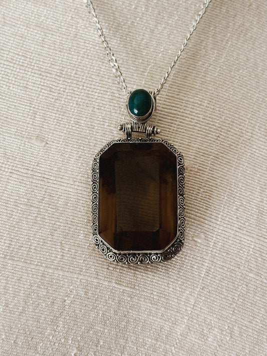 Sterling Silver, Quartz & Turquoise Spiral Pendant Necklace 