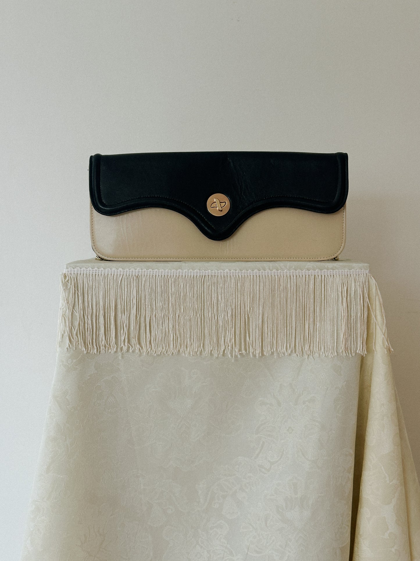 Italian Ivory & Black Leather Clutch with Chain Strap