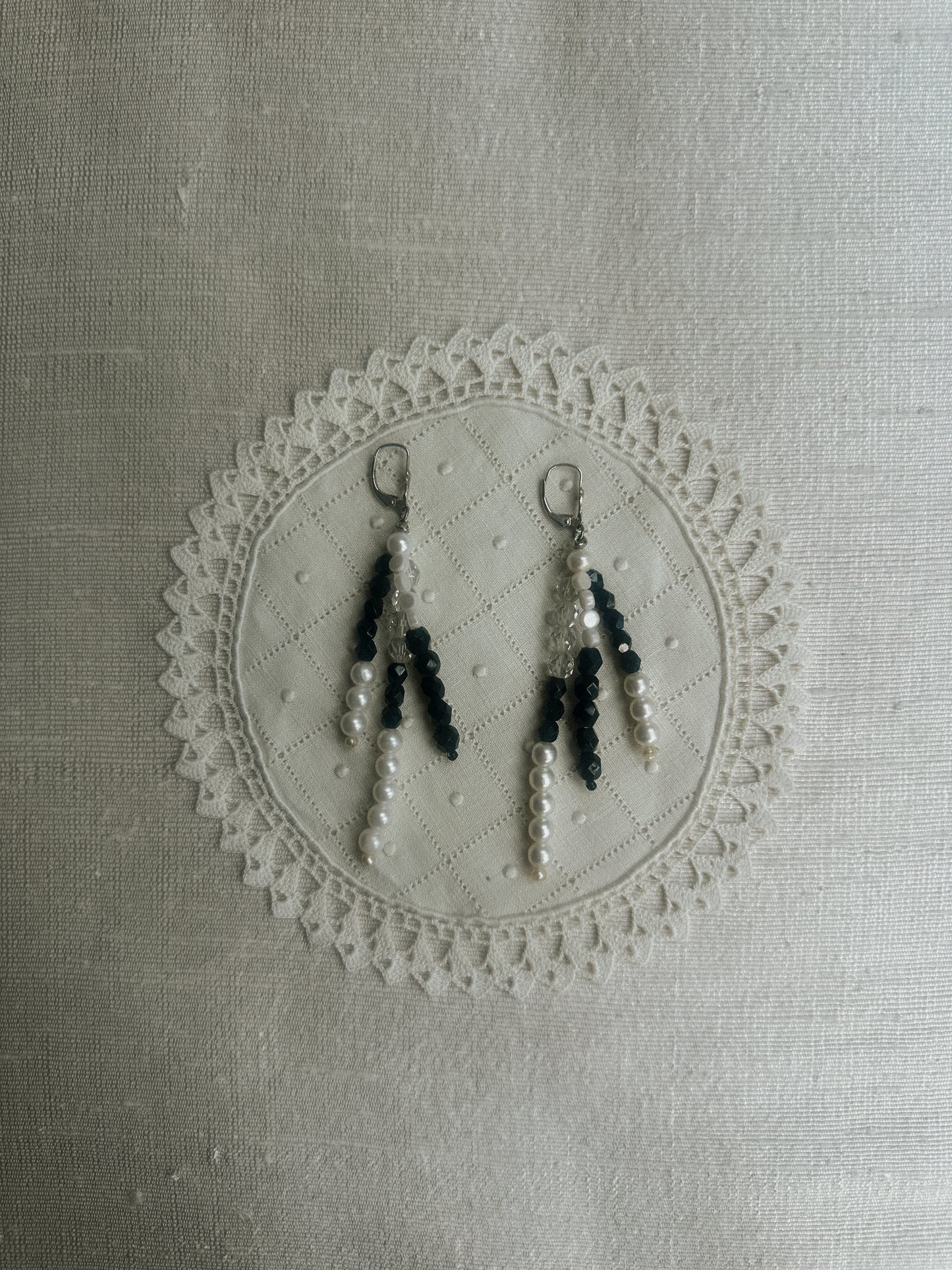 Multi Strand Black, Pearl & Crystal Dangle Earrings