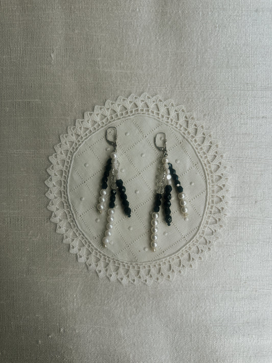 Multi Strand Black, Pearl & Crystal Dangle Earrings