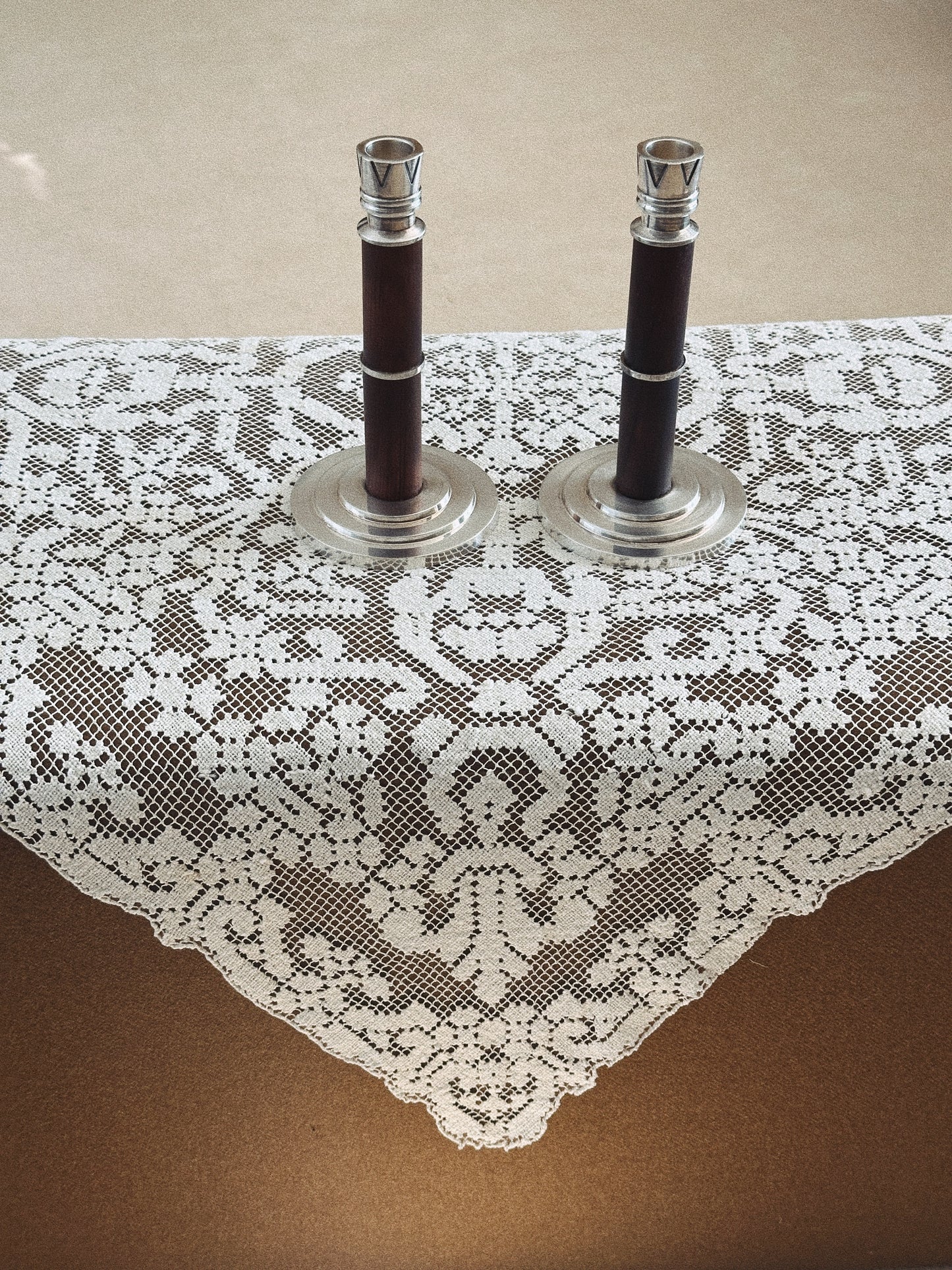 Ercuis Silver-Plated & Wood Deco Candlesticks/ Pair