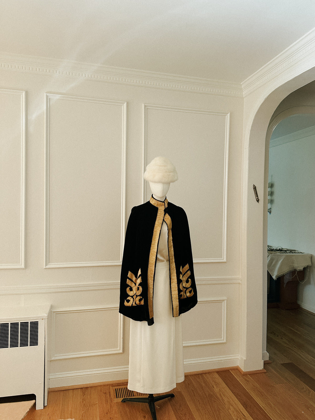 Black Velvet Cape with Gold Metallic Embroidery