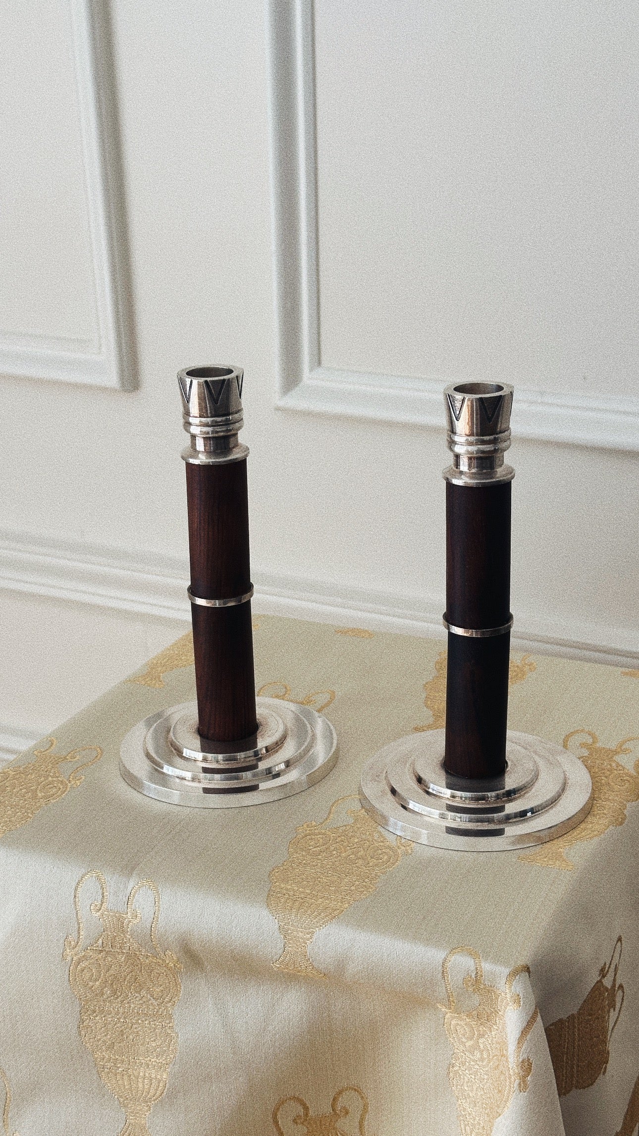Ercuis Silver-Plated & Wood Deco Candlesticks/ Pair